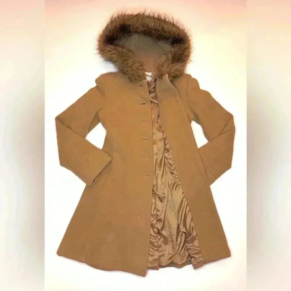 Charles Klein Women’s / Juniors Tan Hooded Wool Trench Coat Size- 1